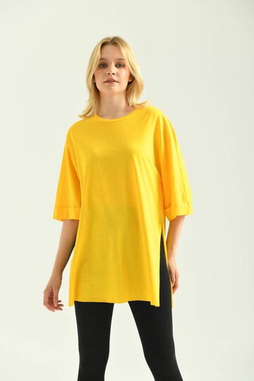 Yellow Double Sleeve Wide Cut Asymmetrical Slit Knitted T-Shirt