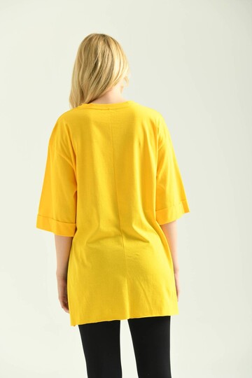 Yellow Double Sleeve Wide Cut Asymmetrical Slit Knitted T-Shirt