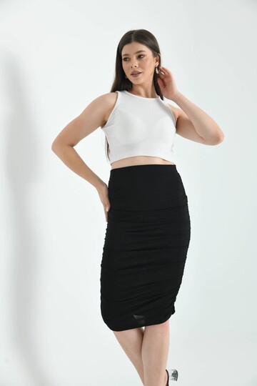 Siyah Bodycon Büzgülü Midi Örme Etek