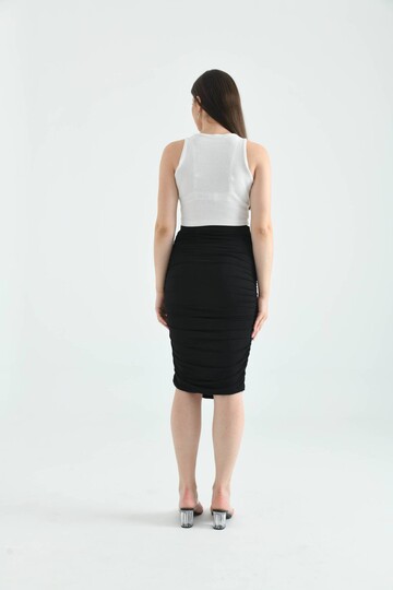 Siyah Bodycon Büzgülü Midi Örme Etek