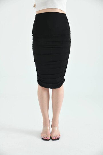 Siyah Bodycon Büzgülü Midi Örme Etek