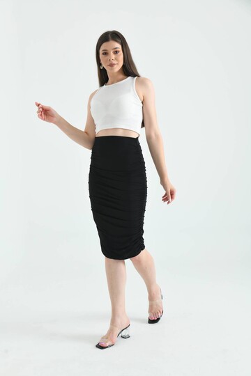 Siyah Bodycon Büzgülü Midi Örme Etek