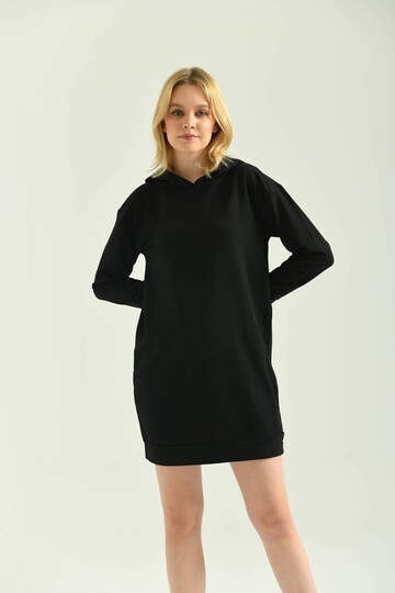 Black Hooded Mini Knitted Sweat Dress