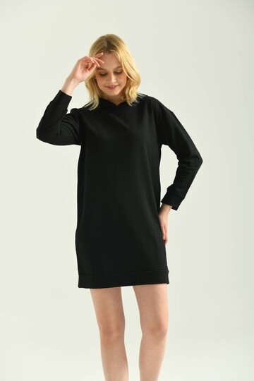 Black Hooded Mini Knitted Sweat Dress