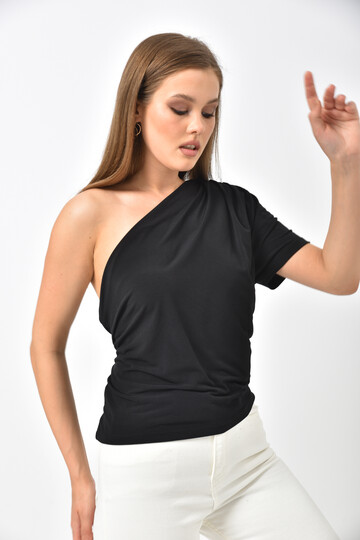 Black Boat Neck One Shoulder Sandy Fabric Blouse