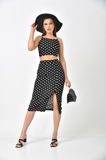 Black Polka Dot Slit Detail Bustier Bottom-Top Set