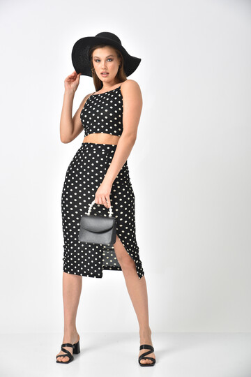 Black Polka Dot Slit Detail Bustier Bottom-Top Set