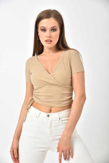 Stone Double Breasted Side Pleated Crop Blouse