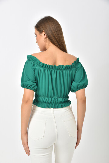 Yeşil Önü Büzgülü Lastik Detaylı Crop Bluz
