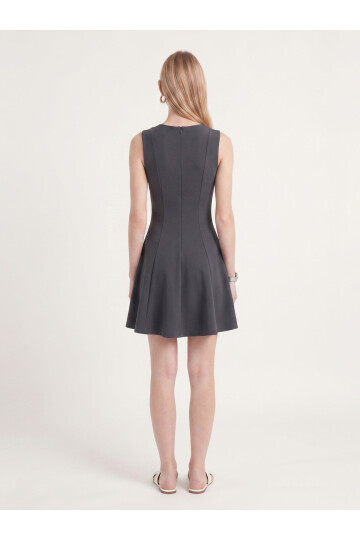 Antrasit Eteği Gode Detaylı Mini Yazlık Elbise