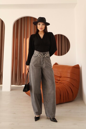 Antrasit Yüksek Bel Baloon/Baggy Kalıp Yıkamalı Kadın Kot Pantolon
