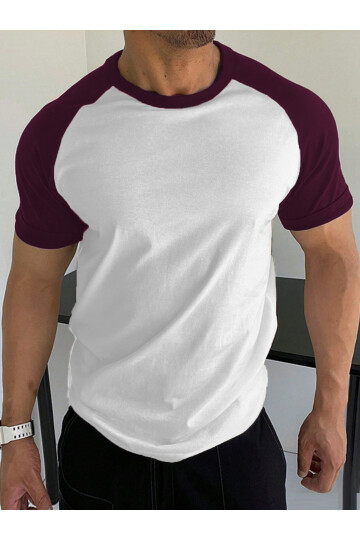 Beyaz Bisiklet Yaka Omuzları Bordo Garni T-Shirt