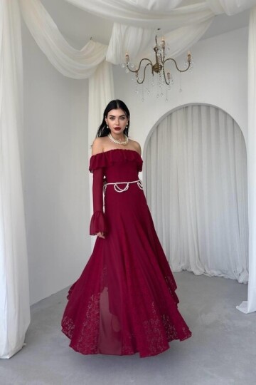 Bordo Eteği Dantel Straplezi ve Kolları Büzgü Detaylı Kadın Elbise