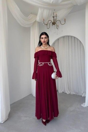 Bordo Eteği Dantel Straplezi ve Kolları Büzgü Detaylı Kadın Elbise