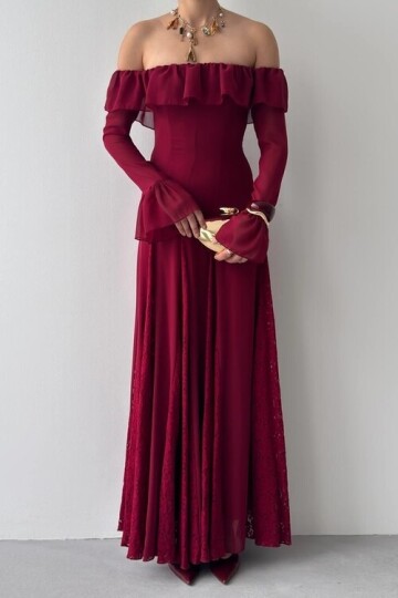 Bordo Eteği Dantel Straplezi ve Kolları Büzgü Detaylı Kadın Elbise