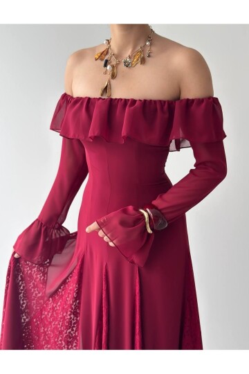 Bordo Eteği Dantel Straplezi ve Kolları Büzgü Detaylı Kadın Elbise