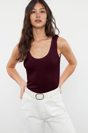 Bordo Fitted Havuz Yaka Fitilli Esnek Örme Atlet
