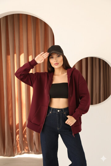 Bordo Oversize İçi Polar ve Fermuar Detaylı Kapüşonlu Kadın Sweatshirt