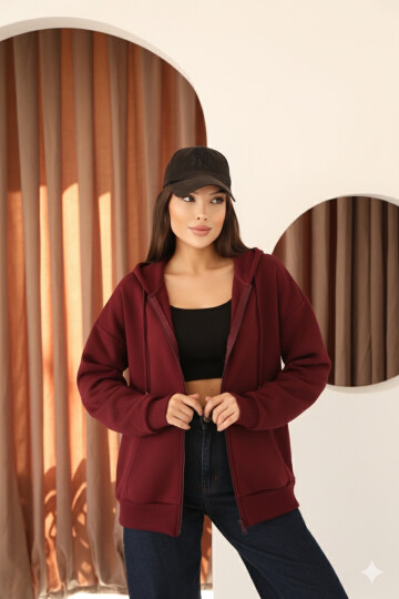 Bordo Oversize İçi Polar ve Fermuar Detaylı Kapüşonlu Kadın Sweatshirt