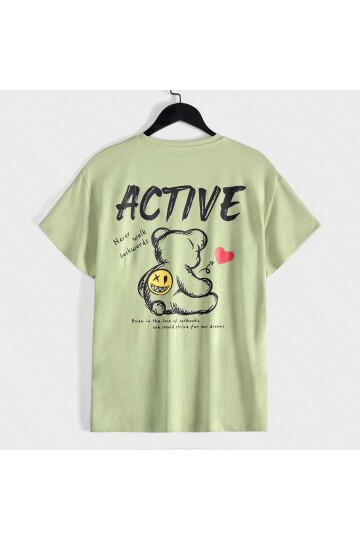 Erkek Açık Yeşil Arkası Active Ayıcık Baskılı Bisiklet Yaka T-Shirt