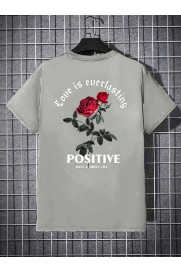 Erkek Gri Bisiklet Yaka Love is Overlasting Baskılı T-Shirt