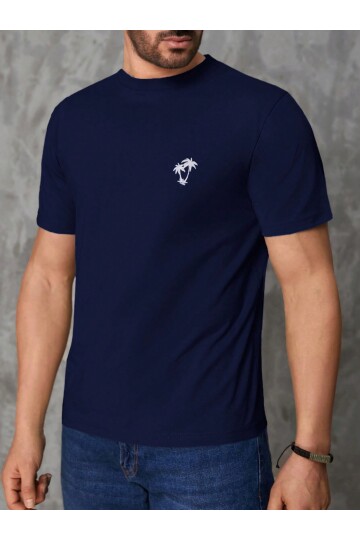 Erkek Lacivert Bisiklet Yaka Göğsü Palmiye Baskılı T-Shirt