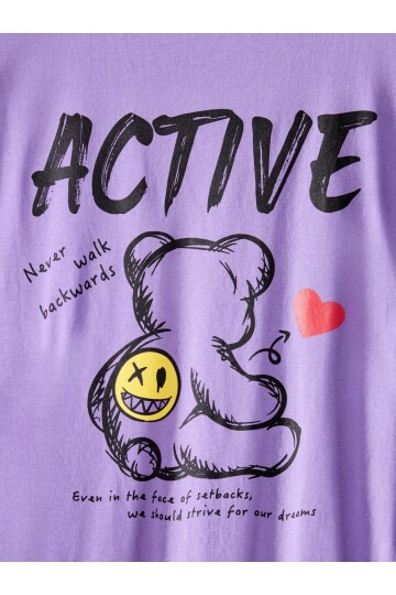 Erkek Lila Arkası Active Ayıcık Baskılı Bisiklet Yaka T-Shirt