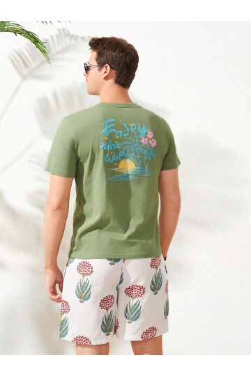 Erkek Mint Arkası Enjoy Baskılı Bisiklet Yaka T-Shirt