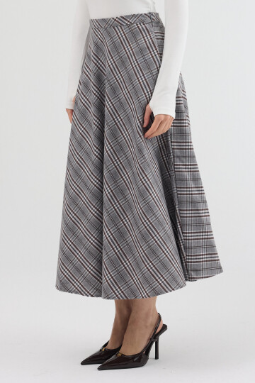 Gri-Kahve Aura Yüksek Bel A-Kesim Ekose Midi Etek