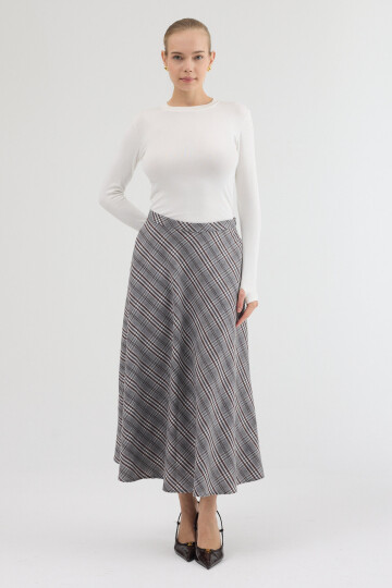 Gri-Kahve Aura Yüksek Bel A-Kesim Ekose Midi Etek