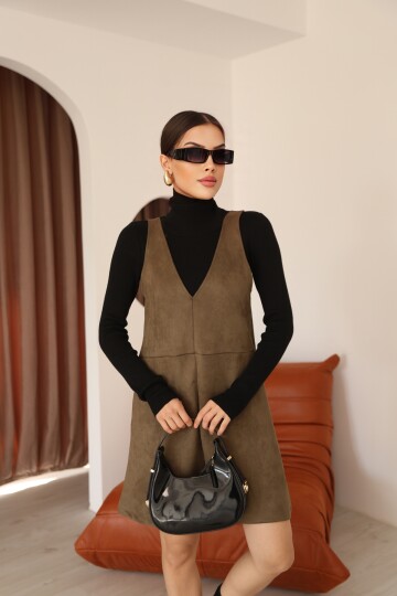 Haki Süet V Yaka Diz Üstü Panel Detaylı Kadın Elbise