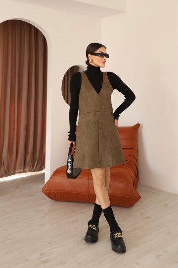 Haki Süet V Yaka Diz Üstü Panel Detaylı Kadın Elbise