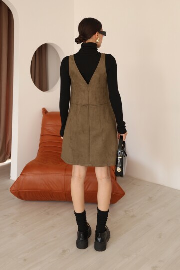 Haki Süet V Yaka Diz Üstü Panel Detaylı Kadın Elbise