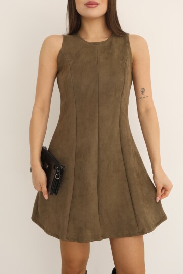 Haki Süet Yuvarlak Yaka Kolsuz  A-Kesim Diz Üstü Elbise