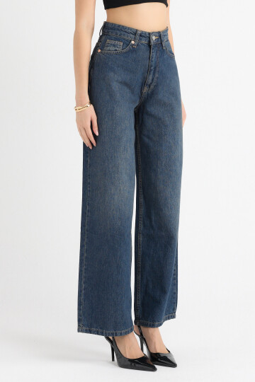 İndigo Yıkamalı Yüksek Bel Rahat Kesim Wide Leg Kot Pantolon