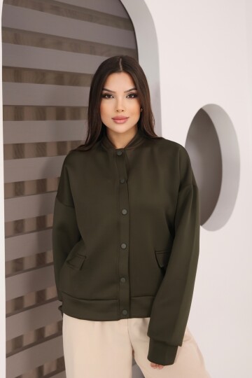 Kadın Haki Cep Detaylı ve Çıtçıt Detaylı Scuba Örme Ceket
