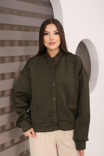 Kadın Haki Cep Detaylı ve Çıtçıt Detaylı Scuba Örme Ceket