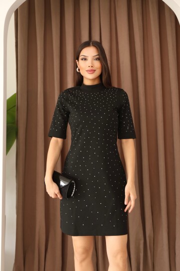 Kadın İnterlok Taş İşlemeli Diz Üstü Dik Yaka Elbise