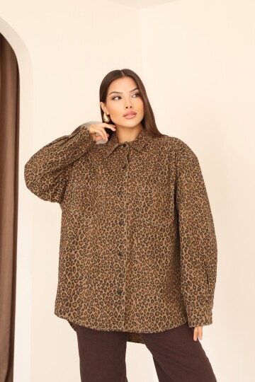 Kadın Kahverengi Leopar Desenli Düğme Detaylı Gömlek Yaka Oversize Ceket