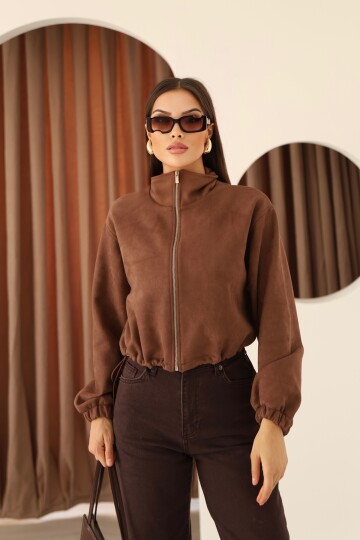 Kadın Kahverengi Süet  Dik Yaka Fermuar ve Etek Ucu Stoper Detaylı Ceket