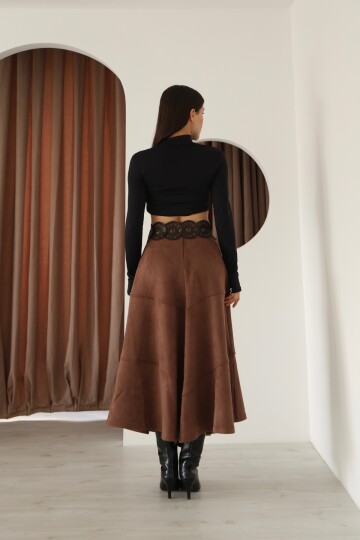 Kadın Kahverengi Süet Volanlı A Kesim Etek