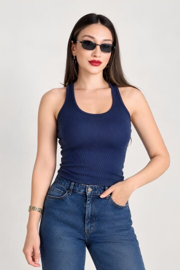 Lacivert Fitted Havuz Yaka Atlet | Kalın Askılı Fitilli Kaşkorse Örme Kumaş | %98 Pamuk %2 Elastan Esnek Vücuda Oturan Basic Atlet