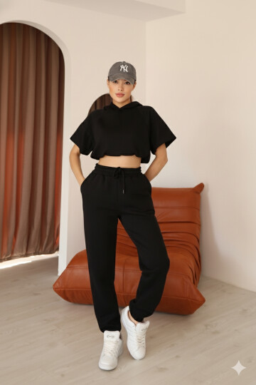 Kadın Siyah Ay Kol Kapüşonlu Relaxed Kalıp Örme Crop Sweatshirt