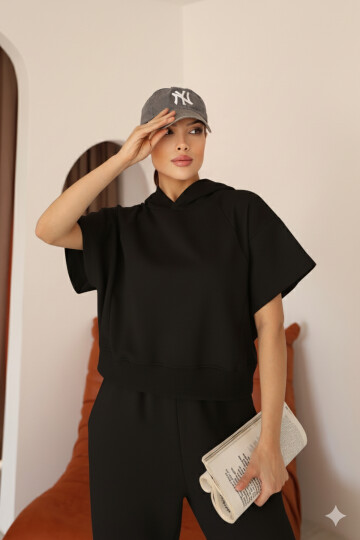 Kadın Siyah Ay Kol Kapüşonlu Relaxed Kalıp Örme Crop Sweatshirt