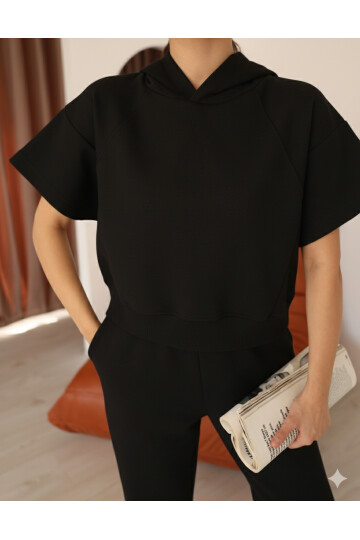 Kadın Siyah Ay Kol Kapüşonlu Relaxed Kalıp Örme Crop Sweatshirt