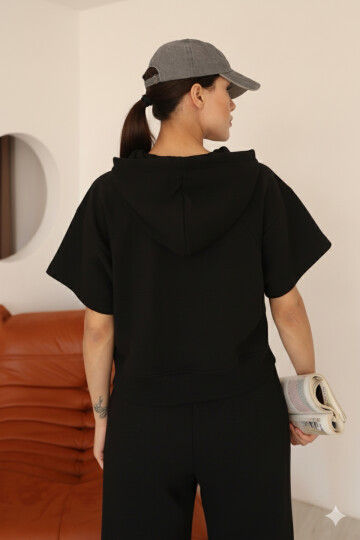 Kadın Siyah Ay Kol Kapüşonlu Relaxed Kalıp Örme Crop Sweatshirt