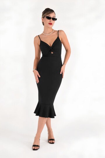 Siyah Bodycon Midi Elbise | İnce Askılı V Yaka | Cut Out Dekolte Detaylı Volanlı Etek | Scuba Krep Örme Kumaş