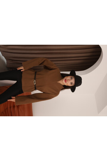 Kahverengi Kaşe Kruvaze Düşük Omuz ve Kemer Detaylı Kadın Ceket