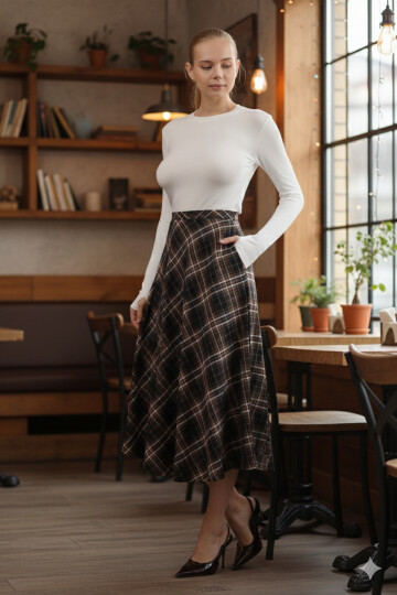 Kahverengi-Siyah Aura Yüksek Bel A-Kesim Ekose Midi Etek