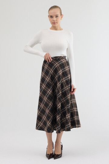 Kahverengi-Siyah Aura Yüksek Bel A-Kesim Ekose Midi Etek